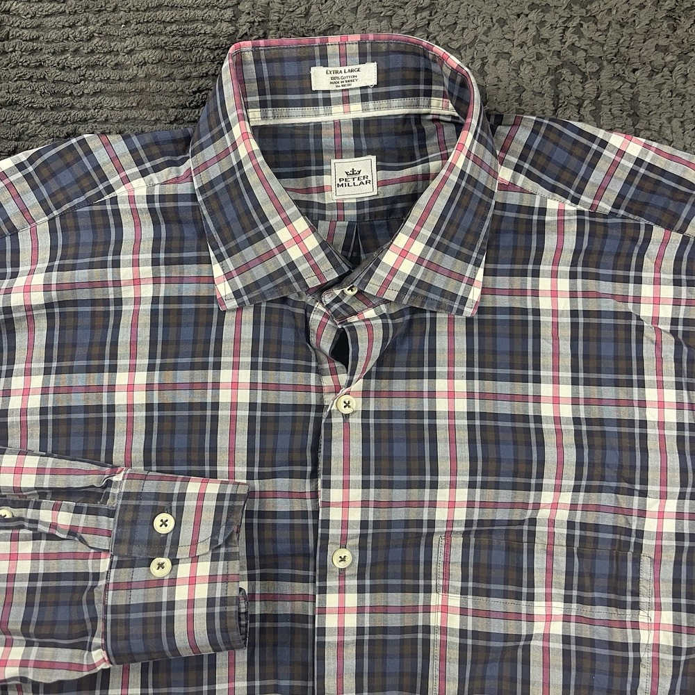 Peter Millar Men's XL Plaid Button Down Shirt Cotton Long Sleeve Blue Pink Check